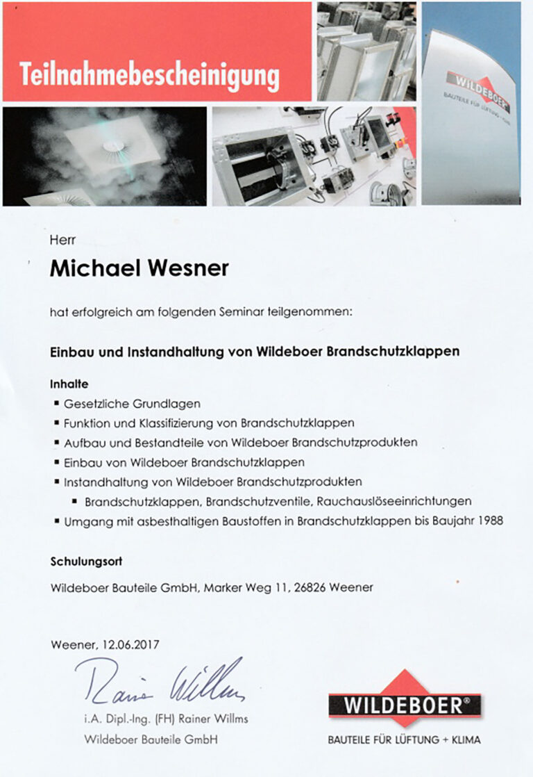 Teilnahmebescheinigung - Schulung "Einbau und Instandhaltung von Wildeboer Brandschutzklappen"